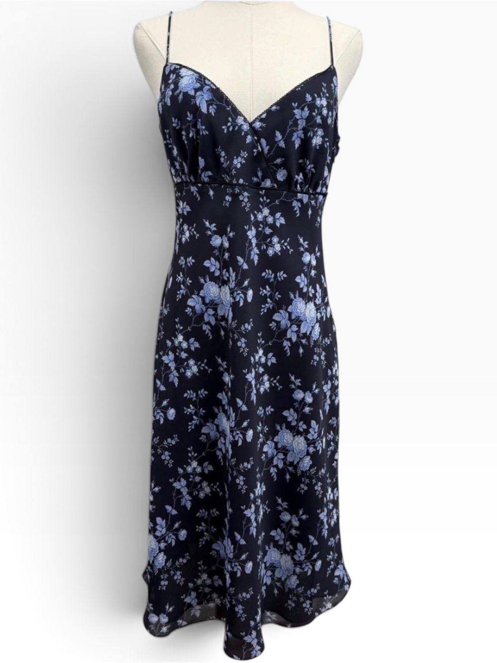 Ann Taylor Navy Slip Midi Dress with Light Blue Floral Print